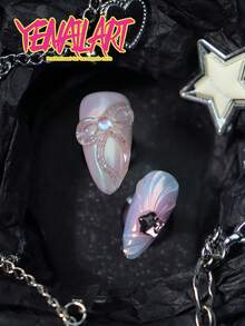 10 piezas de puntas de uñas artificiales con cobertura completa, hechas a mano con degradado azul y rosa aurora, decoración 3D de lazo y estrella con strass y lentejuelas, adecuadas para uso diario, fiestas, vacaciones, días festivos y otras ocasiones, suministros de arte de uñas - Multicolor - Ver 5