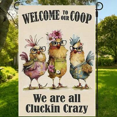 2D Flat, Humorous Chicken Garden Flag- "Welcome To Our Coop We Are All Cluckin Crazy" Design- 12.0x18.0inch Double-Sided Polyester Yard Flag- Multipurpose, Machine Washable, Weather-Resistant Outdoor Decor Without Electricity 2D Flat ZZTM06, 2D Flat