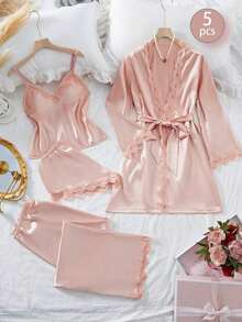 5pcs Solid Color Satin & Lace Patchwork Pajama Set, Including Long Sleeve Robe, V-Neck Camisole, Shorts, Pants And Belt, Elegant Women Sleepwear Loungewear - Burgundy - View 7