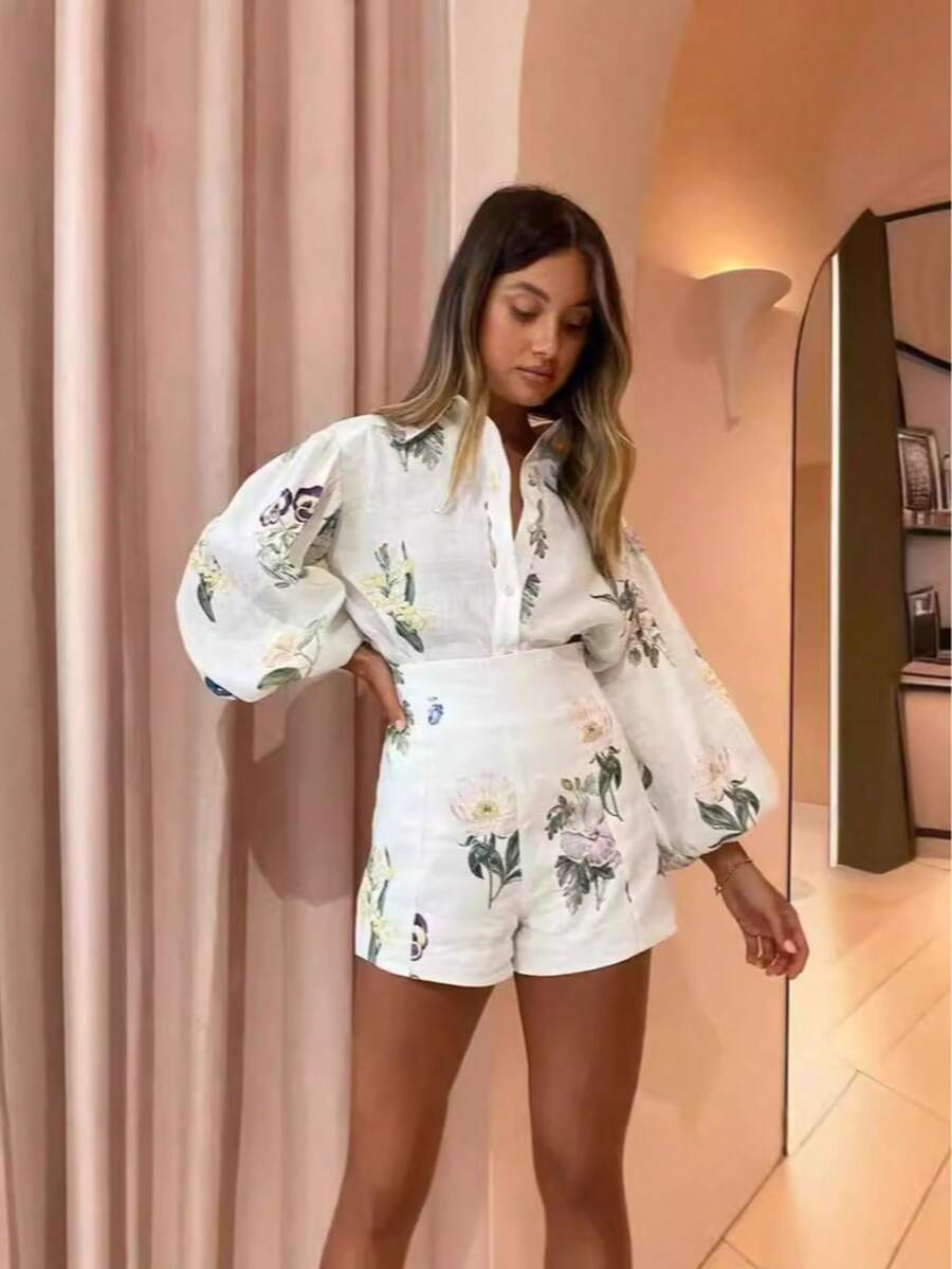 Women's Linen Two Piece Set Floral Print Blouse And High Waist Shorts, Summer Vacation Matching Outfit With Puff Sleeve Top, Casual Resort Wear For Beach And Daily Spring Outfits - 米白色 - 查看 1