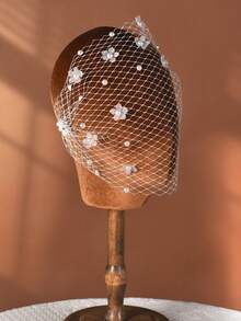 1件性感黑色镂空网纱面纱，饰有3D珍珠花朵，复古鸟笼面纱，派对/婚礼配饰 - 彩色 - 查看 8