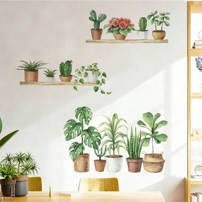 1/2pcsBohemian Style Green Plant Wall Stickers, Watercolor Potted Plant Wall Stickers, Removable Self Adhesive Shelf Murals, Suitable For Living Room, Bedroom, Office Home Decoration.
