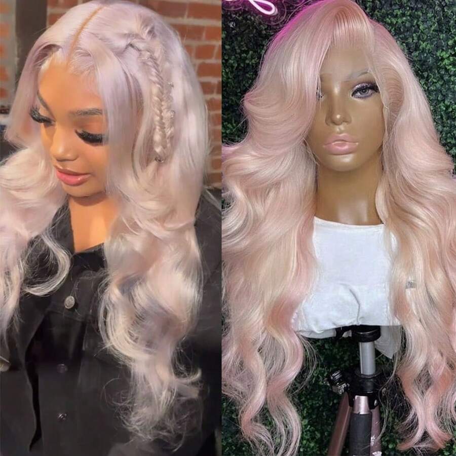 13X4 Light Blue Long Body Wave Lace Front Wig 28" Long Wavy Wigs Glueless Free Part Blue Wavy Hair Adjustable Straps & Combs Heat Resistant Blue Loose Wave Synthetic Hair Replacement Wigs For Women For Daily Wear Parties & Special Occasions - 淡粉紅色 - 查看 1