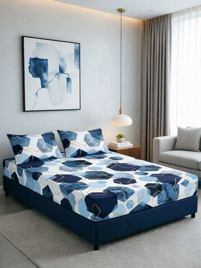 1PC 2D Plane Blue Marble Hexagon Print Fitted Sheet Set, Geometric Bedding With Pillowcases, Modern Minimalist Bed Cover For Home Bedroom Suitable For Twin/Full/Queen/King Size Bed, Machine Washable, Ideal For F Bedroom Decor