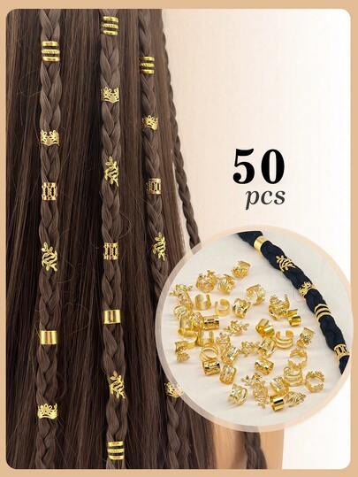 50 chiếc phụ kiện tóc hợp kim vàng sang trọng dành cho tóc tết - Vòng và kẹp tóc có thể điều chỉnh với thiết kế tinh xảo, màu trơn - Phụ kiện lấy cảm hứng từ phong cách cổ điển (hình lá, vương miện) dành cho tóc tết và tóc xoắn của nữ.