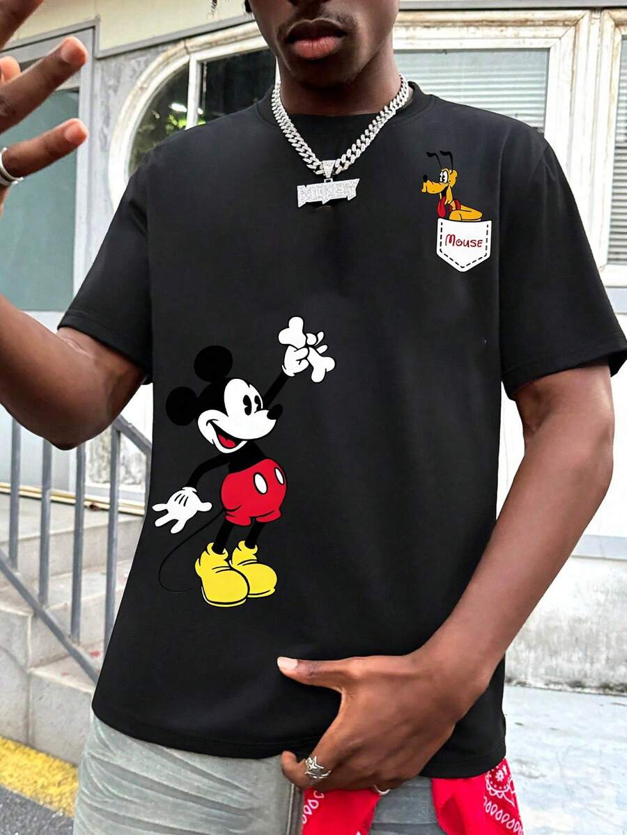 Unisex Short Sleeve T-Shirt, Disney Side Mickey Print Casual T-Shirt, Summer Travel Short Sleeve - màu đen - Xem 1