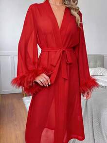 1 chiếc đầm ngủ tay chuông voan mỏng thanh lịch với viền bèo nhún và thắt eo; đầm ngủ maxi voan mỏng gợi cảm; áo choàng ngủ cô dâu cổ chữ V màu trắng tinh khiết; đầm ngủ dài kiểu kimono, hoàn hảo cho tuần trăng mật hoặc đêm tân hôn. - Nhiều màu - Xem 17