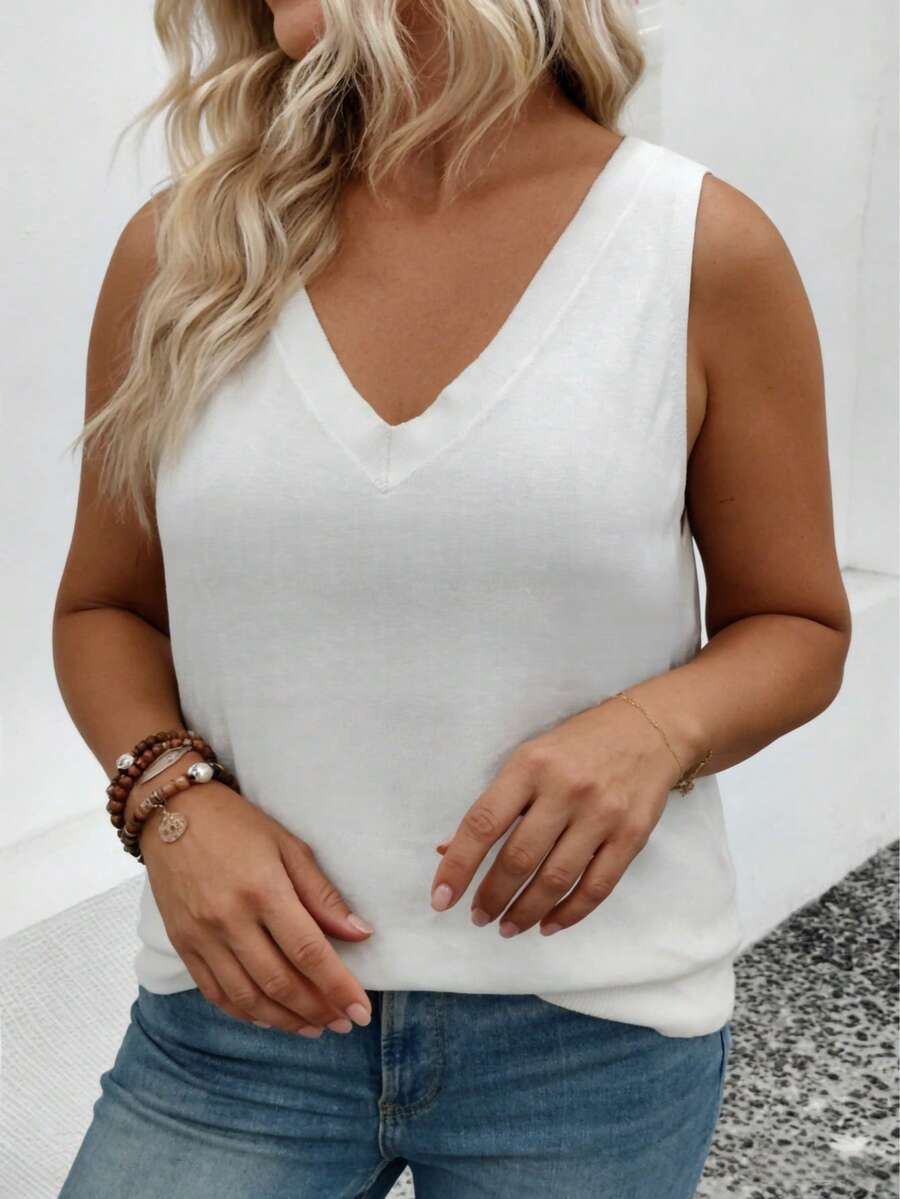 Plus Size Women's New Fashion Casual Elegant Daily Vacation Holiday Solid V-Neck Knit Vest, Women's Pullover Sweater, Summer Mother's Day White - White - View 1
