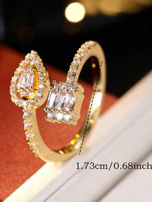 1 chiếc nhẫn hở bất đối xứng, hình giọt nước, đính đá zirconia nhân tạo, thiết kế độc đáo, nhẫn cá nhân hóa. - Vòng hở - Xem 3
