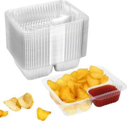 Zandfelo 50 Pcs 12oz 6.5''X5'' Plastic Nacho Trays, Small Disposable Tray For Nachos &Amp; Cheese Dip, Clear Nacho Containers For Chip, 2 Compartment Movie Night Snack Trays Great For Snacks, Fair Foods