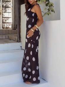 Women's Maxi Dress Boat Neck Sleeveless Vintage Mesh Polka Dot Summer Vacation Outfit - 黑色 - 查看 5