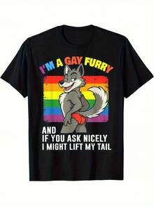 Humorous "I'M Gay Furry" Pride Month LGBTQ Rainbow Fox T-Shirt - Classic Fit, Soft And Comfortable High-Quality Material, Geometric Design, Ideal For Casual Sports And Gifts, Men'S Fashion Tee, Suitable For All Seasons - 黑色 - 查看 3