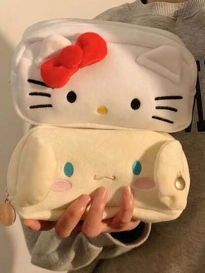 SANRIO 1 pièce Trousse à crayons en peluche Hello chat, sac de rangement de papeterie à grande capacité, étui à crayons portable mignon, organisateur de maquillage pour une utilisation quotidienne