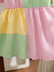 Vestido camisero casual de niña con rayas y parches, para primavera/verano - Verde - Ver 6