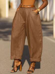 Women's Vintage Casual Solid Color Pleated Tapered Pants, Spring/Summer (Belt Not Included) Black - Brown - View 4