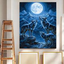 Kit de 1 pieza para pintar por números de lobo bajo la luna, adecuado para adultos y principiantes, arte DIY de lobo y montaña en noche estrellada con lienzo prenumerado, pinturas incluidas - tela sin marco para regalo de decoración del hogar, para pinturas con temática de naturaleza - Enmarcado - Ver 5