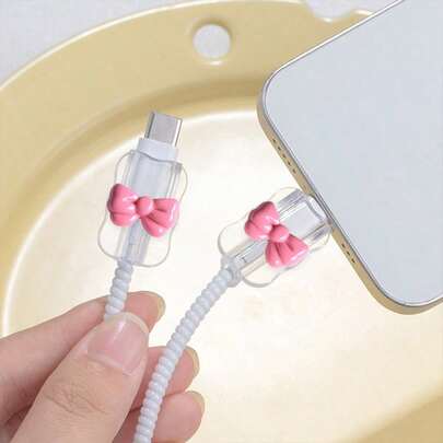 2pcs Cartoon Bow Tie Universal Lightning (5-14) Type-C Cable Protector - Durable, Resistant To Breakage, Fashionable Phone Accessory Design - Plastic Cable Protector With Cute Bow Tie Decoration, Charging Cable Protector