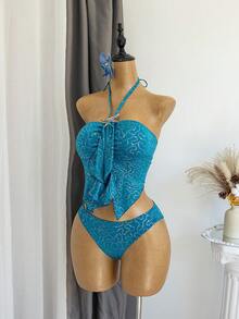 Set Camisole & Bikini Musim Panas Wanita dengan Motif Bintang Laut dan Hiasan Ruffle di Bagian Bawah untuk Liburan Pantai. - Teal Blue - View 4
