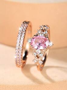 2 Pieces/Set Of Luxurious, Classic Pink Oval-Cut Zirconia Wedding Ring Sets For Women-Elegant And Charming Accessories Designed Exclusively For Women And Girls-A Sparkling Jewelry Gift For Her - Pink - View 2