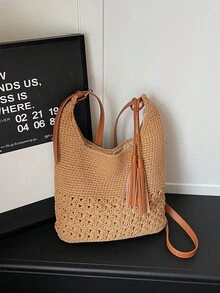 Hollow Tassel Handmade Crochet Shoulder Bag, Zipper Closure, Casual Style Cotton Knitted Bag, Suitable For Vacation, Commute, Daily Use, Dating, Outing In Spring/Summer, College Classes - Khaki - View 5