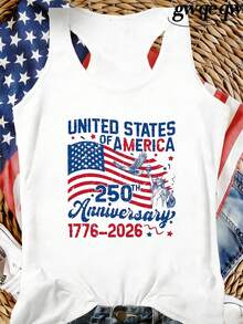 Women's USA 250th Anniversary 1776-2026 Patriotic Graphic Racerback Tank Top, 180G Vest Casual Summer Top, Independence Day Outfits Women, 4th Of July Vacation Outfits Women, Patriotic Graphic Tees Women - 白色 - 查看 1