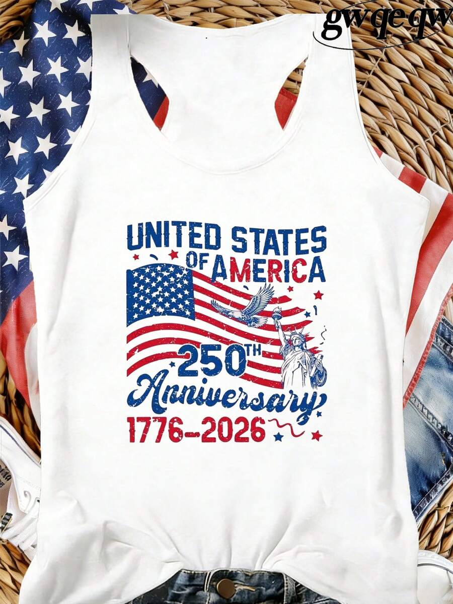 Women's USA 250th Anniversary 1776-2026 Patriotic Graphic Racerback Tank Top, 180G Vest Casual Summer Top, Independence Day Outfits Women, 4th Of July Vacation Outfits Women, Patriotic Graphic Tees Women - 白色 - 查看 1