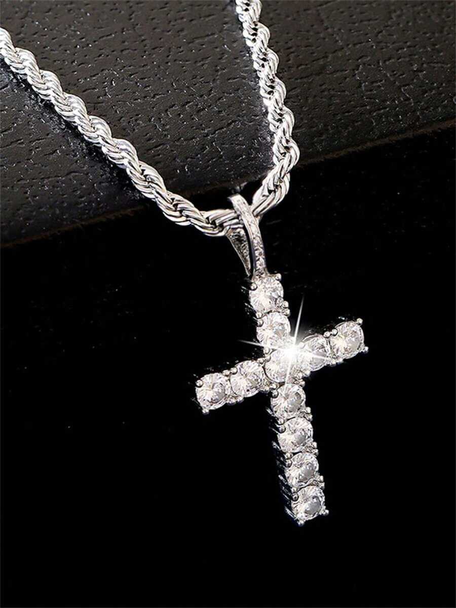 1pc Men's Stainless Steel Cross Pendant Necklace With Twisted Rope Chain, Hip Hop Rap Rock Style, Rhinestone Inlaid Fashion Jewelry