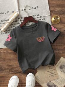 Baby Girl Minimalist "Mommy's Girl" Letter Print Round Neck Short Sleeve Cute Top - Dark Grey - View 4