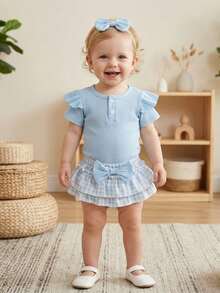 Newborn Baby Girl Summer Clothes Infant Baby Girls Summer Outfit Ribbed Knit Short Sleeve Romper Elastic Waist Plaid Shorts Ruffled Skirts Headband Set - 藍色 - 查看 2