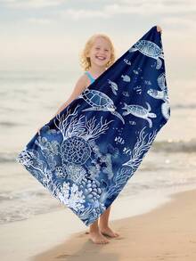 1pc Ocean Element Sea Turtle & Coral Children Beach Towel, Super Soft Microfiber Extra Large Beach Blanket, Super Absorbent Bath Towel, Suitable For Travel, Swimming Pool, Diving, Surfing, Yoga, Camping, Available In Multiple Sizes, Beach Accessories - Multicolor - View 2