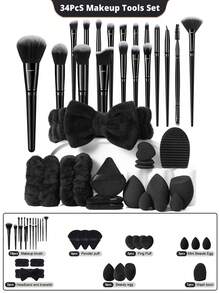 Bộ dụng cụ trang điểm đa năng 16/18/34 món, gồm 18 cọ trang điểm, bông mút, bông phấn, băng đô cài tóc, băng đeo cổ tay và dụng cụ vệ sinh cọ. - màu đen - Xem 1