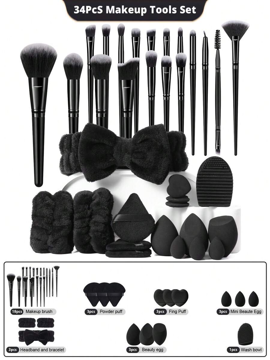 Bộ dụng cụ trang điểm đa năng 16/18/34 món, gồm 18 cọ trang điểm, bông mút, bông phấn, băng đô cài tóc, băng đeo cổ tay và dụng cụ vệ sinh cọ. - màu đen - Xem 1