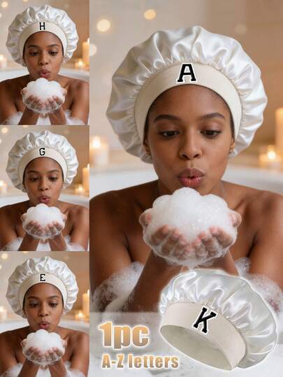 1 chiếc mũ ngủ bằng satin tái sử dụng dành cho nữ, thiết kế 26 chữ cái từ A-Z, mũ trùm tóc co giãn có thể điều chỉnh, thích hợp cho việc chăm sóc hàng ngày, dọn dẹp nhà cửa, đi lại, tạo kiểu tóc, trang điểm, chăm sóc da, du lịch nghỉ dưỡng.
