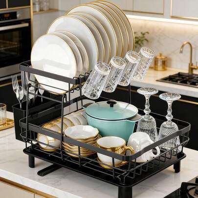 Double-Deck Kitchen Dish Rack, Countertop Cutlery Holder, Large Capacity Space-Saving With Utensil Tray, Kitchen Accessories
