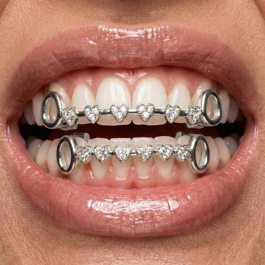 THATBOY 2件套 爱心连心镂空侧镶牙套 铜质镶嵌5A级锆石嘻哈饰品牙套 酷炫流行派对礼物 女士牙套