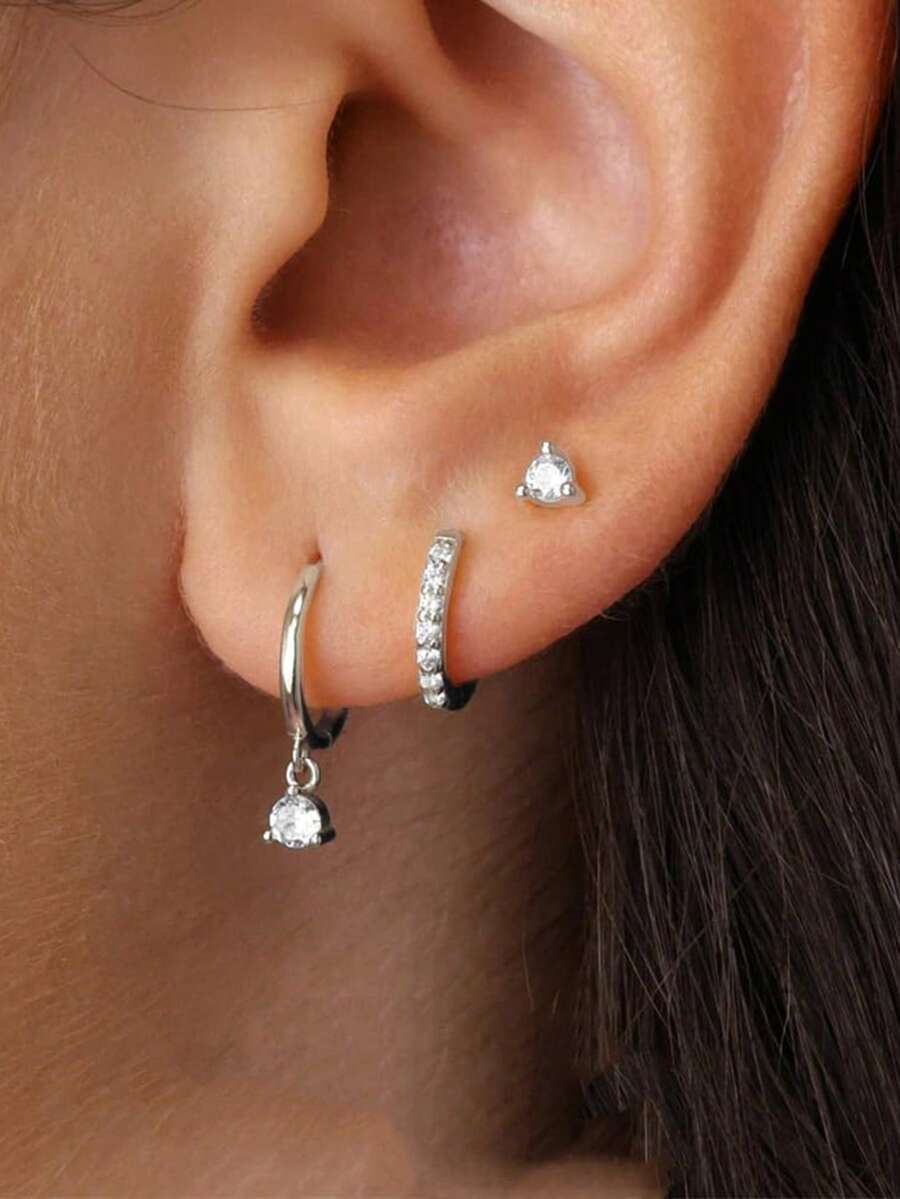 Bộ 3 đôi bông tai đính đá Zirconia hình học tối giản, kiểu dáng thanh lịch dành cho nữ, thích hợp cho các bữa tiệc, tiệc chiêu đãi, du lịch, đám cưới, kỳ nghỉ, hoặc dùng hàng ngày như một món quà trang sức. - Bộ khuyên tai zircon ba chấu - Xem 1
