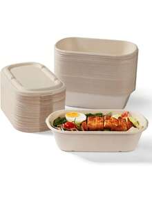 10 pièces/5 pièces/1 pièce Boîtes alimentaires avec couvercles - Boîtes à emporter en pulpe de canne à sucre, boîtes à déjeuner compostables, micro-ondes et congélateur, pratiques pour transporter les repas. Ces boîtes jetables pour micro-ondes peuvent être réchauffées et congelées en toute sans déformation ni rejet de substances toxiques. - Nude - Voir 8