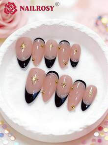 nailrosy 10 piezas de uñas postizas cortas y redondas hechas a mano en color rojo y rosa, suministros de uñas acrílicas, pegatinas de uñas falsas con flores 3D, manicura Y2K linda, adecuada para chicas y mujeres en festivales, fiestas y uso diario, con adornos de gemas - Negro - Ver 2