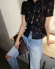 Women Long Sleeve Mandarin Collar Guipure Split Blouse Top Lace Floral Puff Sleeve Button-Down Shirt Slim Fit Elegant Sheer Tops Party Clubwear - 短黑 - 查看 2