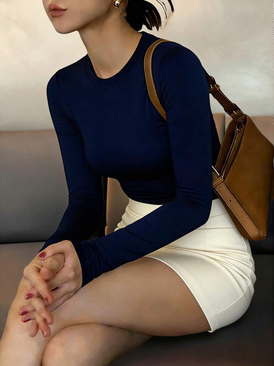 Camiseta larga de mujer de corte slim con cuello redondo, nueva y casual. Versátil y cómoda para uso diario y vacaciones. Blusa de mujer. Primavera - Azul Marino - Ver 1