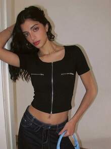 Summer Y2K Style Zip-Up Solid Color Square Neck Short-Sleeved Slim Fit Casual Women's T-Shirt - Black - View 5
