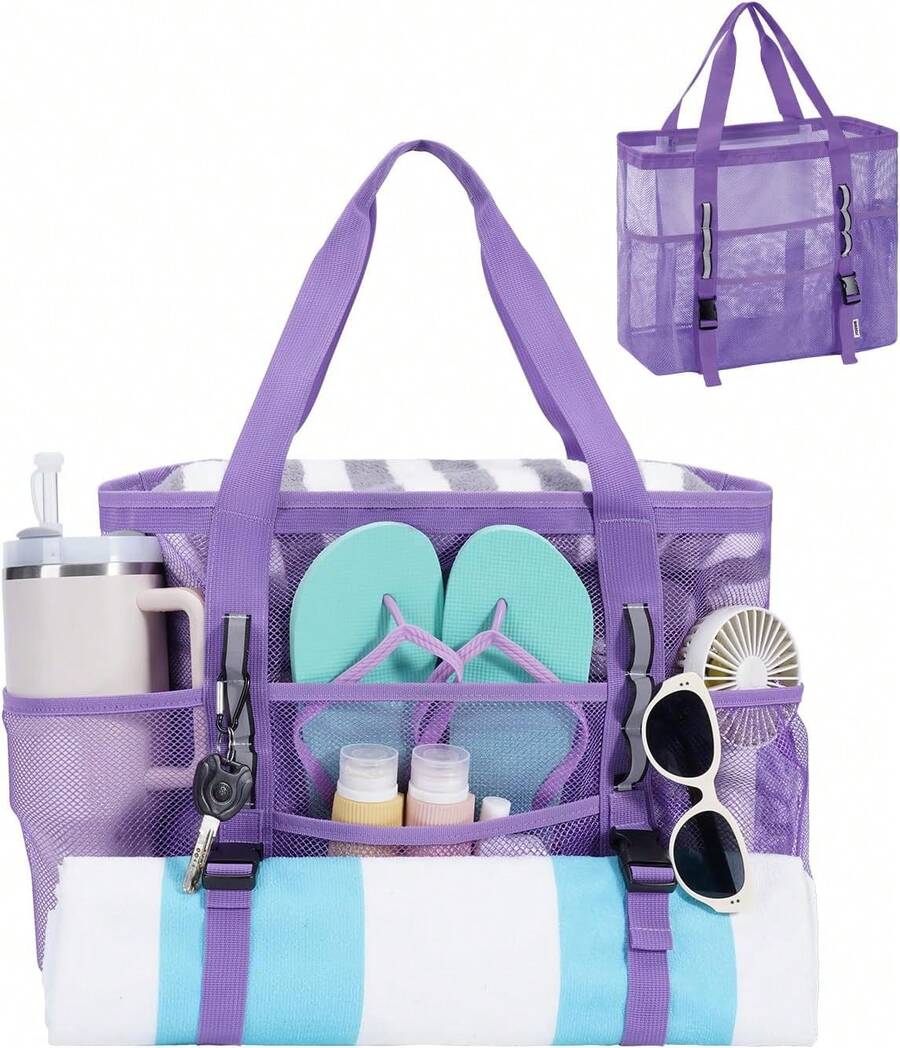 WANDF Mesh Beach Bag Women, Large Beach Tote Bags With 40oz Tumbler Side Pockets, Family Pool Bag Swim Toys Towels Cruise Vacation Essentials (Purple) |   Breathable - 紫色 - 查看 1