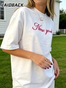 LAIDBACK 100% Cotton "New York" Script Print Oversized T-Shirt, Women's Short Sleeve Crew Neck Tee, Preppy Aesthetic Minimalist Top, Red Graphic Design, Perfect For City Outings, Casual Hangouts, Daily Wear & East Coast Style Fans, Ideal Gift For Gen Z, Trendsetters & Comfort Seekers, Soft Breathable Cotton Fabric, White - 白色 - 查看 1