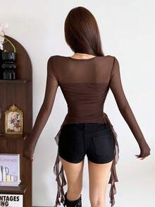 Áo kiểu YeonC tay dài, cổ vuông, ôm dáng, phối tua rua, màu trơn, đa năng. - màu nâu - Xem 2