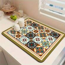 1 pieza Felpudo multiusos absorbente con patrón de azulejos florales vintage azul y dorado, protector de encimera impermeable de poliéster para cocina, mesa de comedor, secado de platos, lavadora, cafetera, tocador de baño, accesorios de cocina, suministros para fiestas - Mosaico de azulejos florales en tonos cálidos - Ver 14