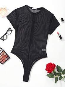 Bộ đồ lót gợi cảm dành cho nữ, kiểu dáng ôm sát, chất liệu lưới xuyên thấu, cổ tròn, tay ngắn. - màu đen - Xem 1