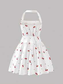 Girls' Sweet Cherry Print Spaghetti Strap Dress, With Ruched Waist And Flared Hem, Suitable For Vacation And Everyday Wear - White - View 4