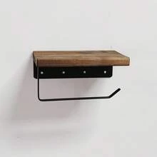 Multi-Function Toilet Paper Holder, Wooden Wall-Mounted Toilet Paper Rack, No Drill Installation Bathroom Tissue Holder, Phone Shelf & Fragrance Display - Black - View 3