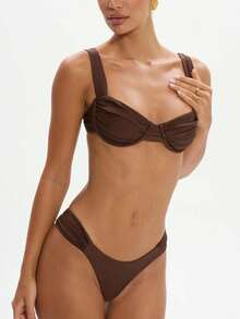 Women's 2 Piece Bikini Set Solid Color Sleeveless Bra and Low Waist Briefs Fashion Bathing Suit - marrón café - Ver 4
