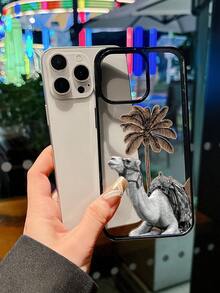 Plant 1pc Vintage Black Frame Transparent Phone Case With Desert Style Camel Palm Tree Pattern, Compatible With Iphone 17/16 Pro Max/15 Plus/14 Pro/13/12/11 Series, Lightweight And Anti-Slip - Black - View 2